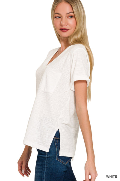 Slub Rolled V Neck Tee in White