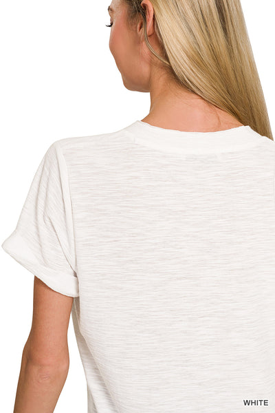 Slub Rolled V Neck Tee in White