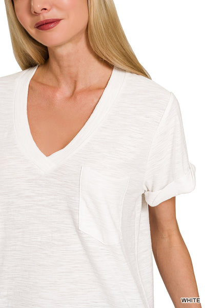 Slub Rolled V Neck Tee in White