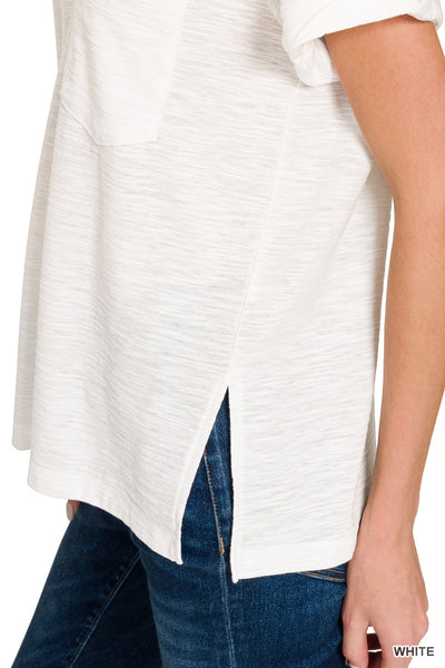 Slub Rolled V Neck Tee in White