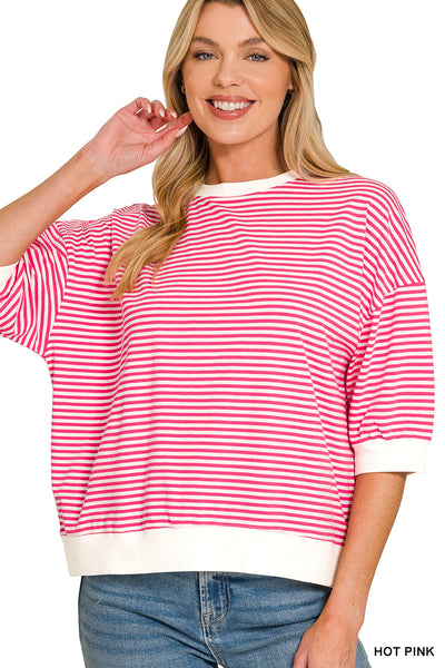 Contrast Band 3/4 Sleeve Striped Top in Hot Pink