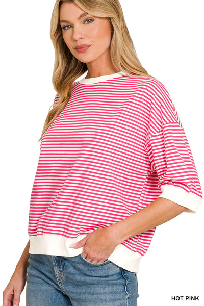 Contrast Band 3/4 Sleeve Striped Top in Hot Pink