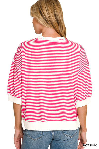 Contrast Band 3/4 Sleeve Striped Top in Hot Pink