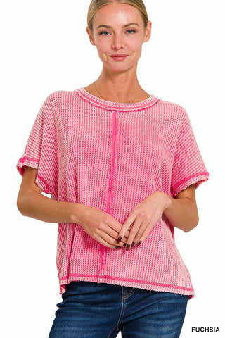 Washed Baby Waffle Top in Fushsia