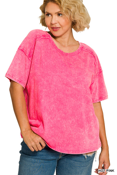Plus Acid Washed Round Neck T-Shirt in Hot Pink