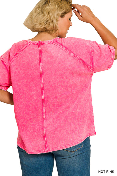 Plus Acid Washed Round Neck T-Shirt in Hot Pink