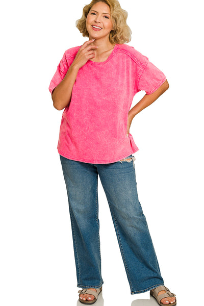 Plus Acid Washed Round Neck T-Shirt in Hot Pink