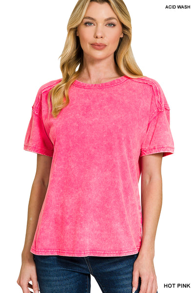 Acid Washed Round Neck T-Shirt in Hot Pink