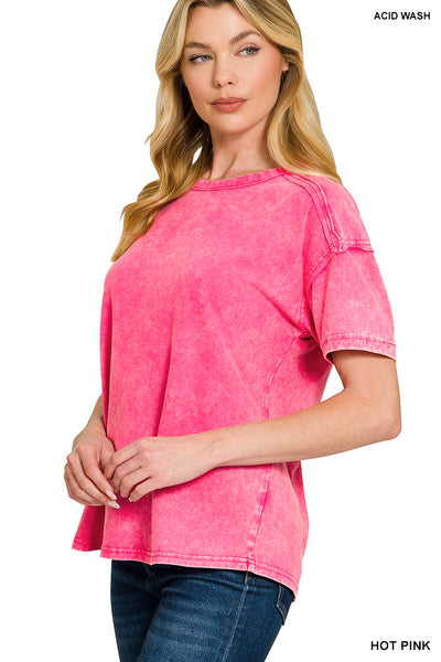 Acid Washed Round Neck T-Shirt in Hot Pink