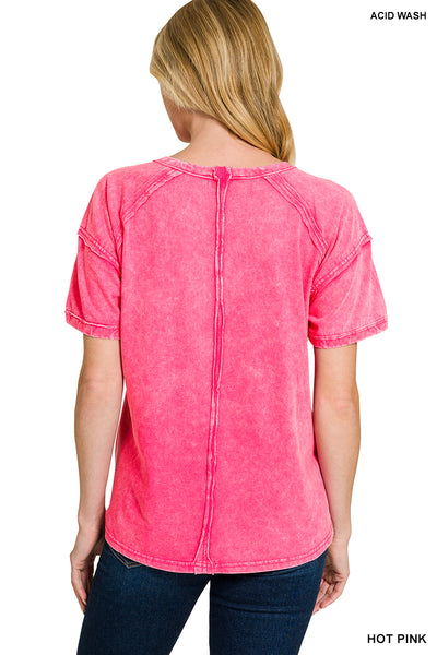 Acid Washed Round Neck T-Shirt in Hot Pink