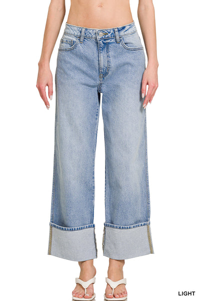 High Rise Cuffed Wide Leg Denim