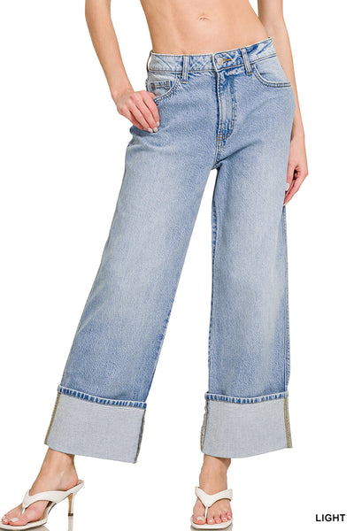 High Rise Cuffed Wide Leg Denim