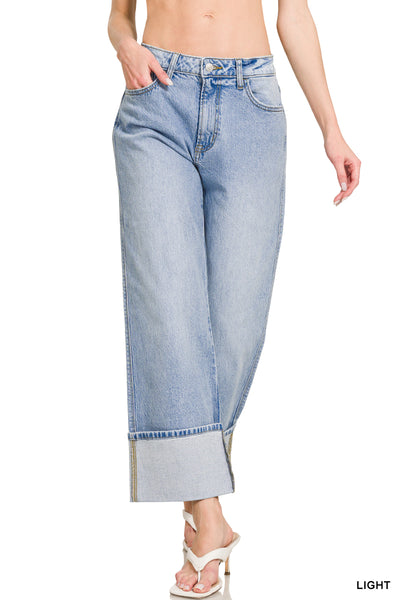 High Rise Cuffed Wide Leg Denim