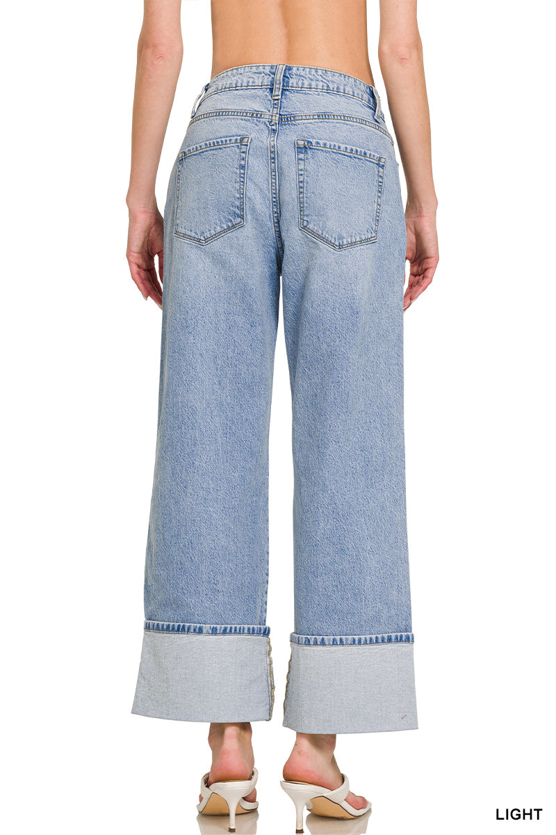 High Rise Cuffed Wide Leg Denim