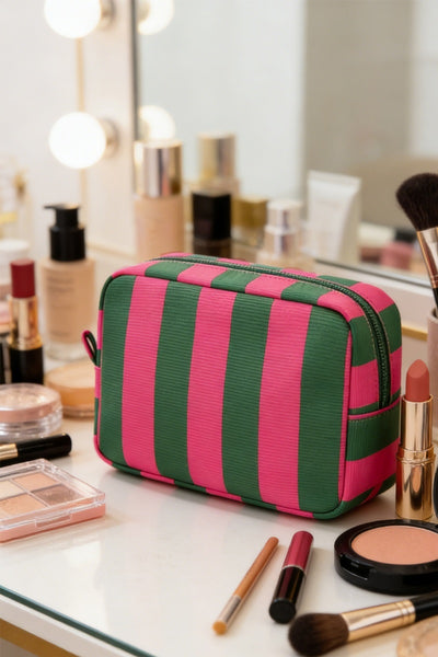 Striped cosmetic travel pouch