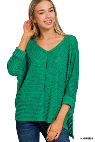 Waffle Knit V Neck with Three Quarter Sleeve in Kelly Green