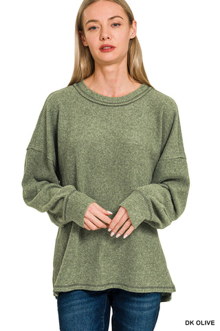 Brushed Hacci Drop Shoulder Sweater in Dark Olive