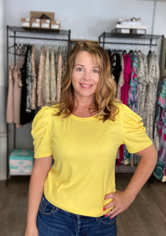 Puff Sleeve Ribbed Top in Yellow