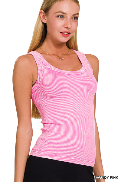 2 Way Washed Ribbed Tank Top in Candy Pink