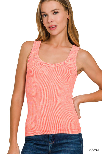 Washed Ribbed Crop Tank in Coral