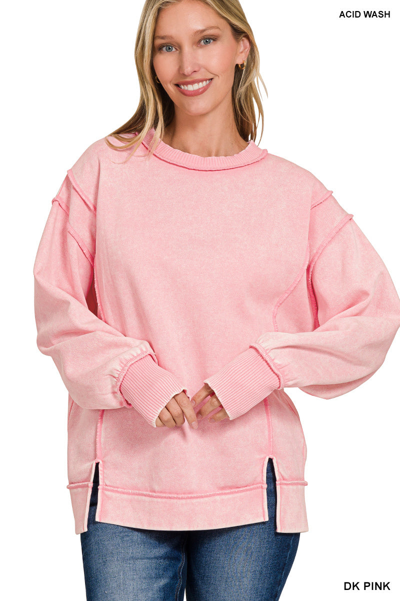 Acid Wash Exposed-Seam Fleece Sweatshirt in Dark Pink