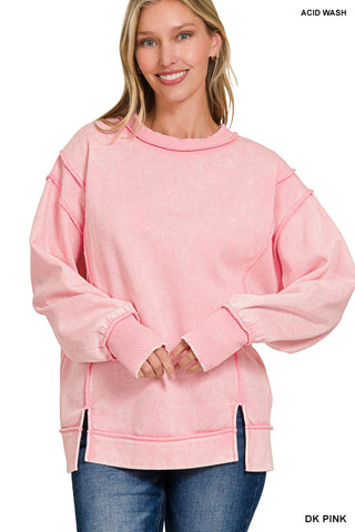 Acid Wash Exposed-Seam Fleece Sweatshirt in Dark Pink