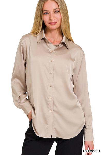 Satin Button Down Blouse in Ash Mocha