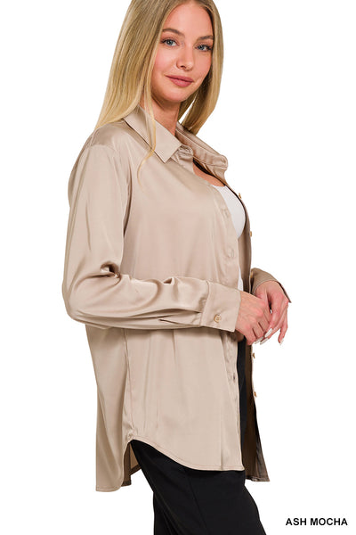 Satin Button Down Blouse in Ash Mocha