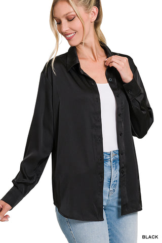 Satin Button Down Blouse in Black