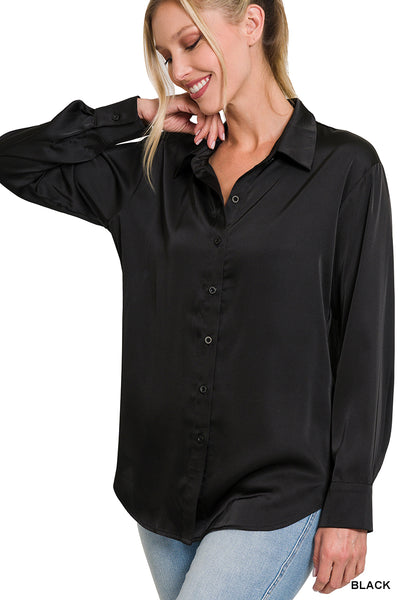 Satin Button Down Blouse in Black