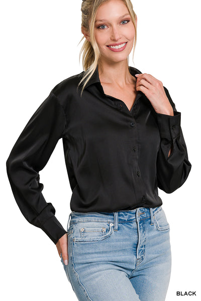 Satin Button Down Blouse in Black