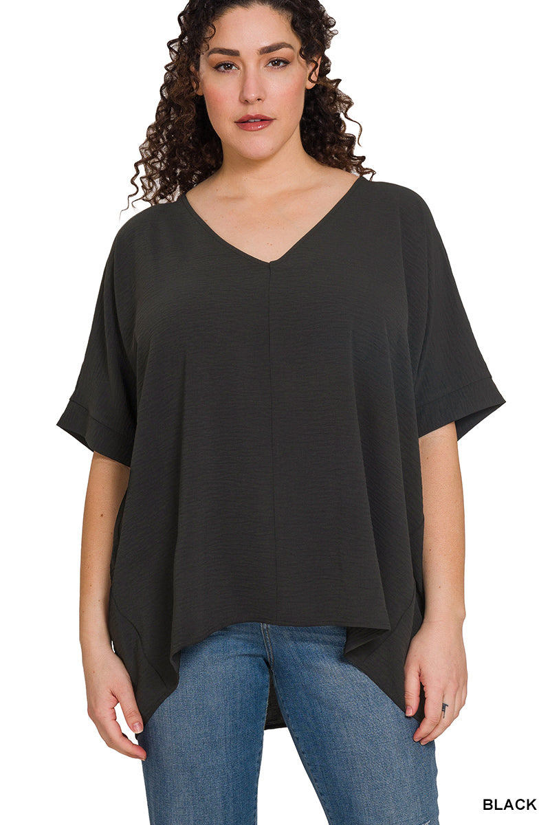 Plus Airflow V Neck Dolman Sleeve Top in Black