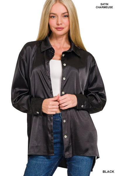 Relaxed Fit Satin Button Down in Black