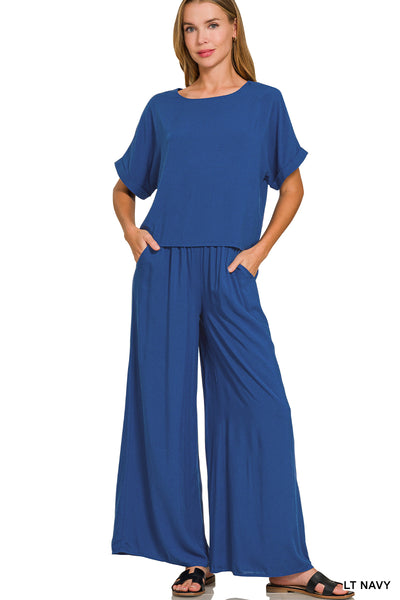Woven Short Sleeve & Long pants Set in Light Navy