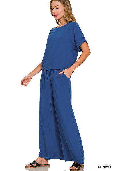 Woven Short Sleeve & Long pants Set in Light Navy
