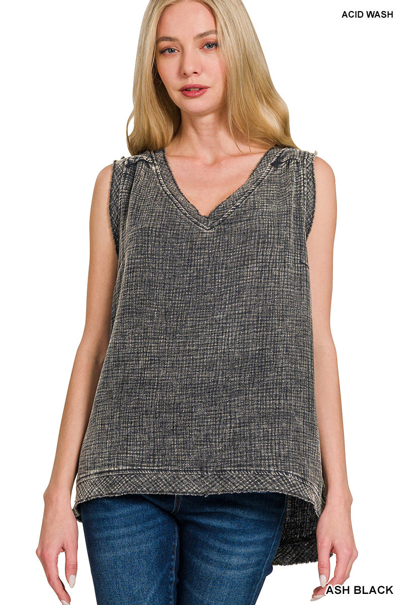 Double Gauze Raw Edge Acid-Washed Tank Top in Ash Black