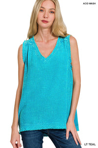 Double Gauze Raw Edge Acid-Washed Tank Top in Lt Teal