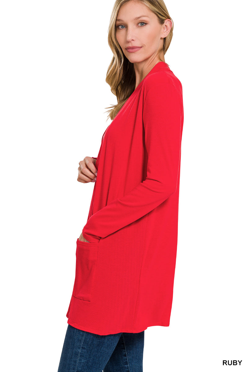 Slouchy Cardigan with Pockets in Ruby Red