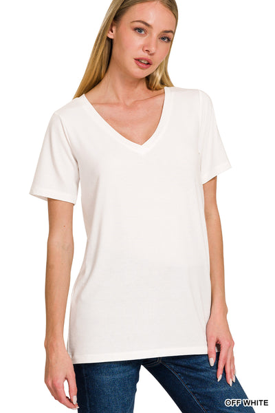 Short Sleeve V Neck Tee in Off White