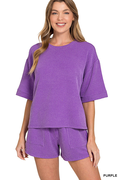 Game Day Ribbed Lounge Short Set in Purple