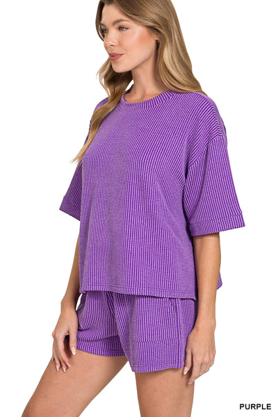 Game Day Ribbed Lounge Short Set in Purple