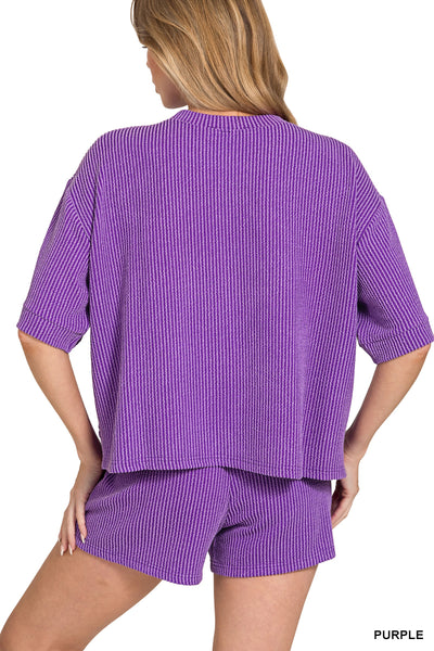 Game Day Ribbed Lounge Short Set in Purple