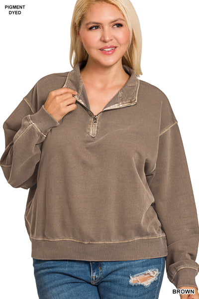 Plus French Terry Pigment Dyed Half Zip in Brown