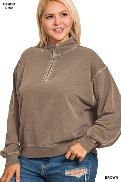 Plus French Terry Pigment Dyed Half Zip in Brown