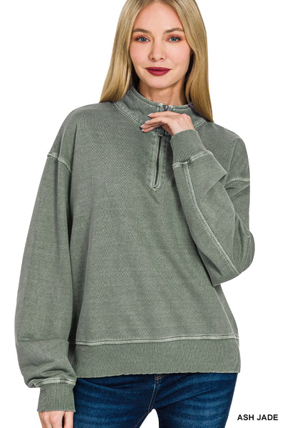French Terry Pigment Dyed Half Zip in Ash Jade