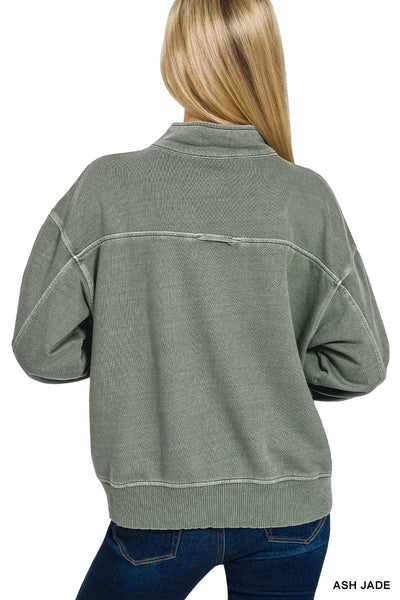 French Terry Pigment Dyed Half Zip in Ash Jade