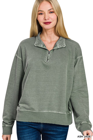 French Terry Pigment Dyed Half Zip in Ash Jade
