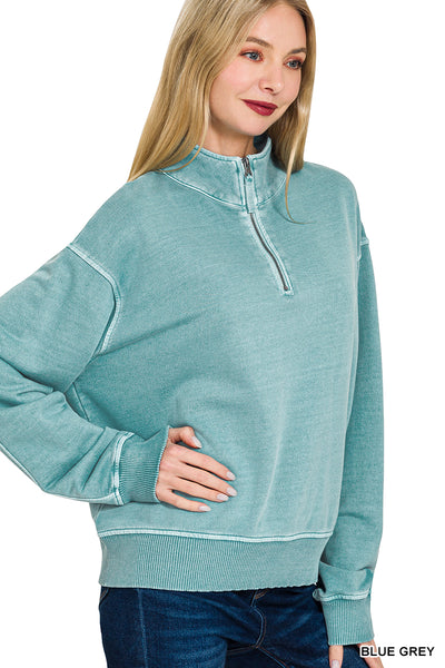French Terry Pigment Dyed Half Zip in Blue Grey
