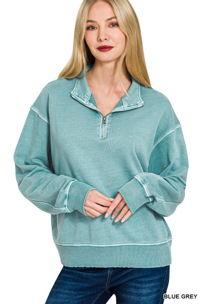 French Terry Pigment Dyed Half Zip in Blue Grey