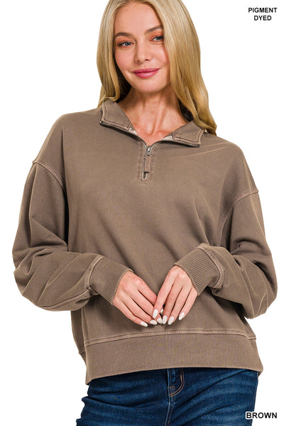 French Terry Pigment Dyed Half Zip in Brown
